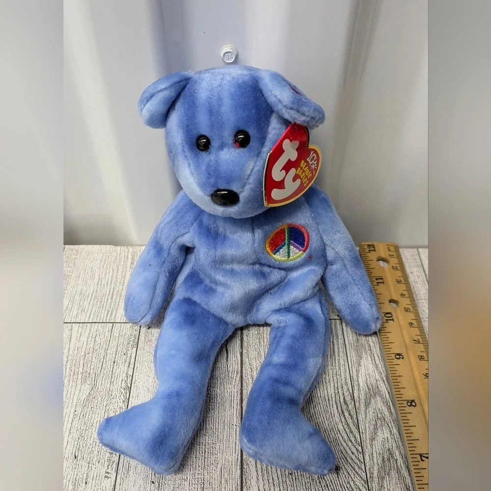 Ty Blue Plush Bear with Peace Emblem